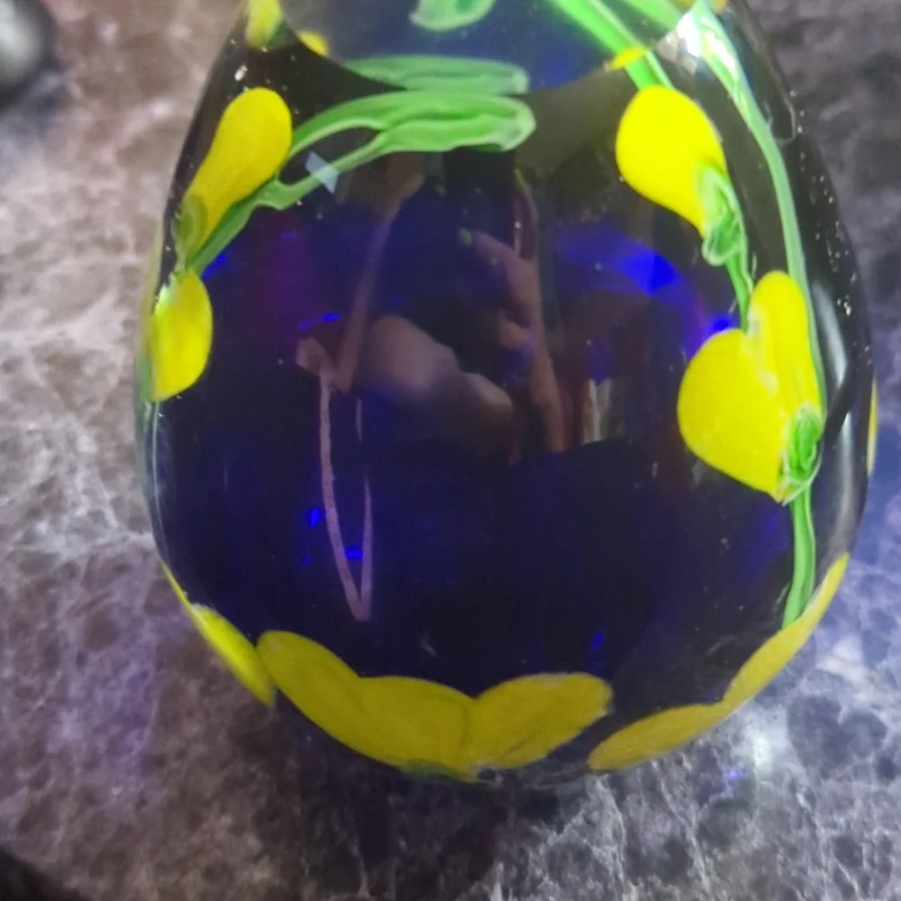 Yellow Flowery Cobalt Blue Art Vase Vintage